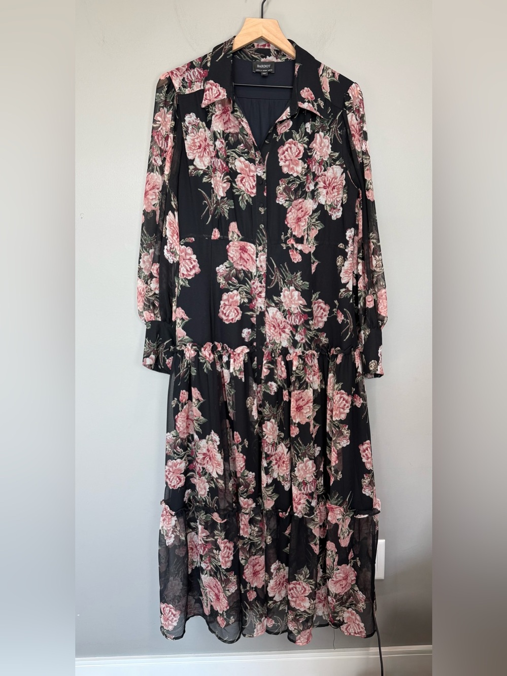 Bardot Floral Maxi Dress Black Pink Button‎ Front Long Sleeve Romantic XL